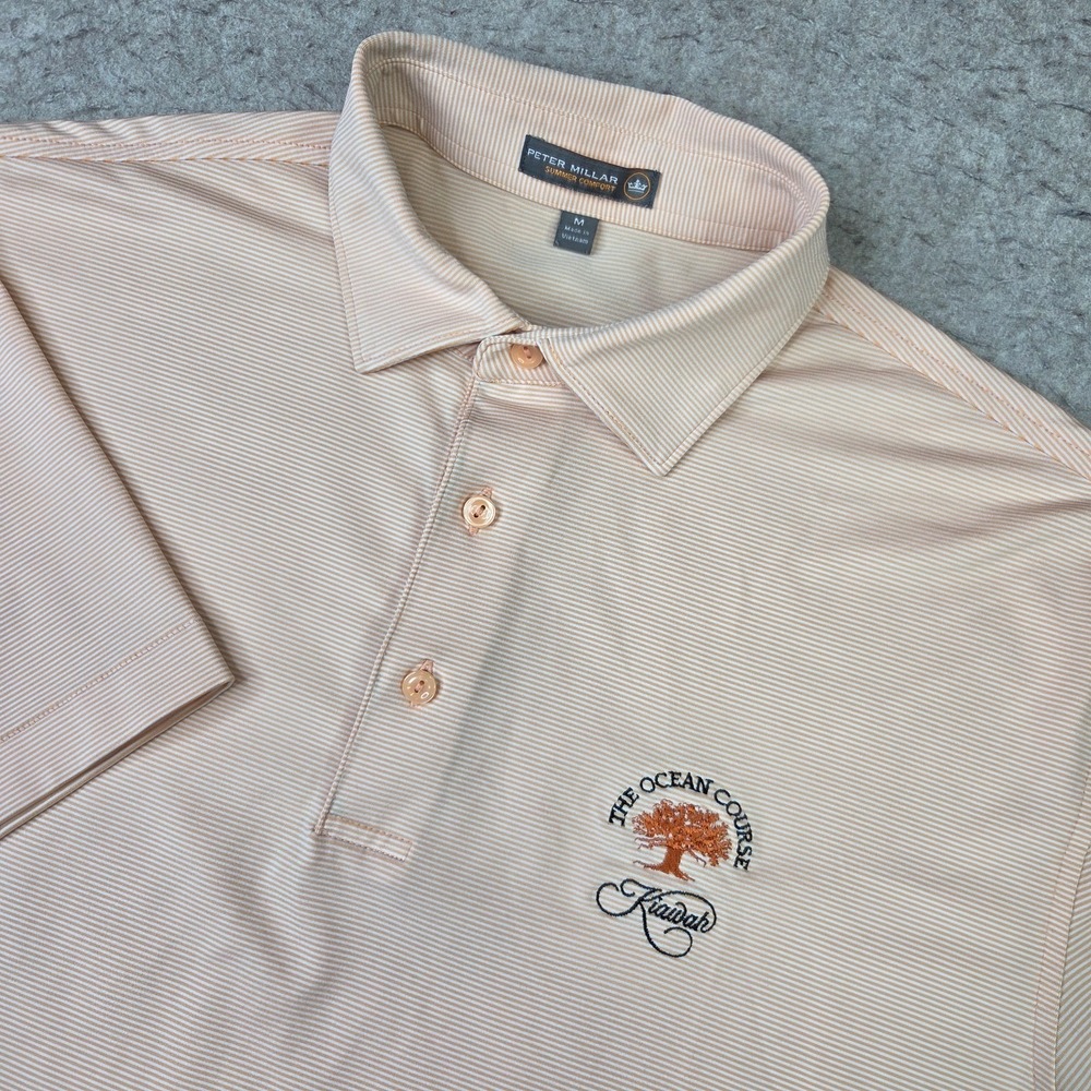 Peter Millar Summer Comfort Mens M Kiawah Island Peach Striped Short Sleeve Polo